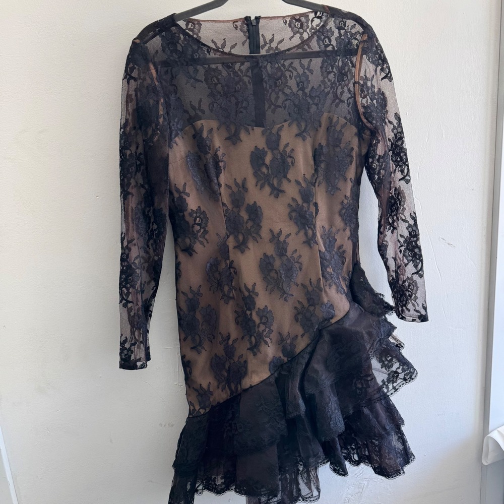 Victor Costa Black Lace Long Sleeve Tiered Mini Dress over Nude Slip - Picture 2 of 14